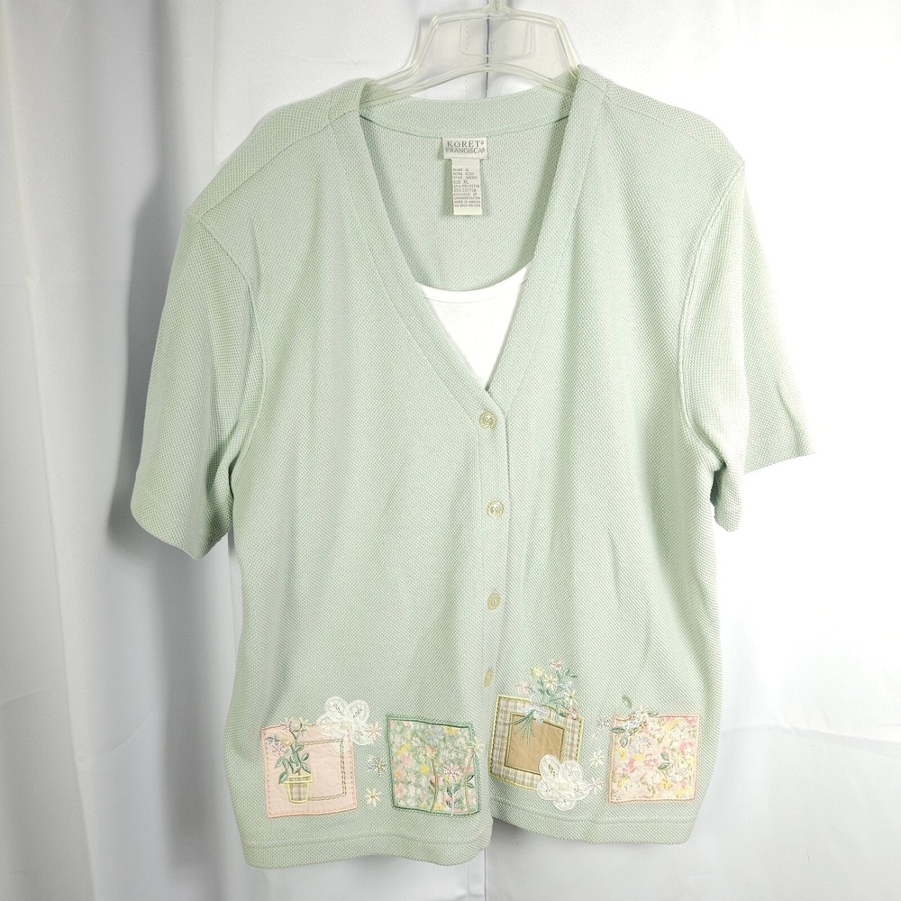 Koret Francisca Teal Floral Short Sleeve Cardigan Womens XL Embroidered‎